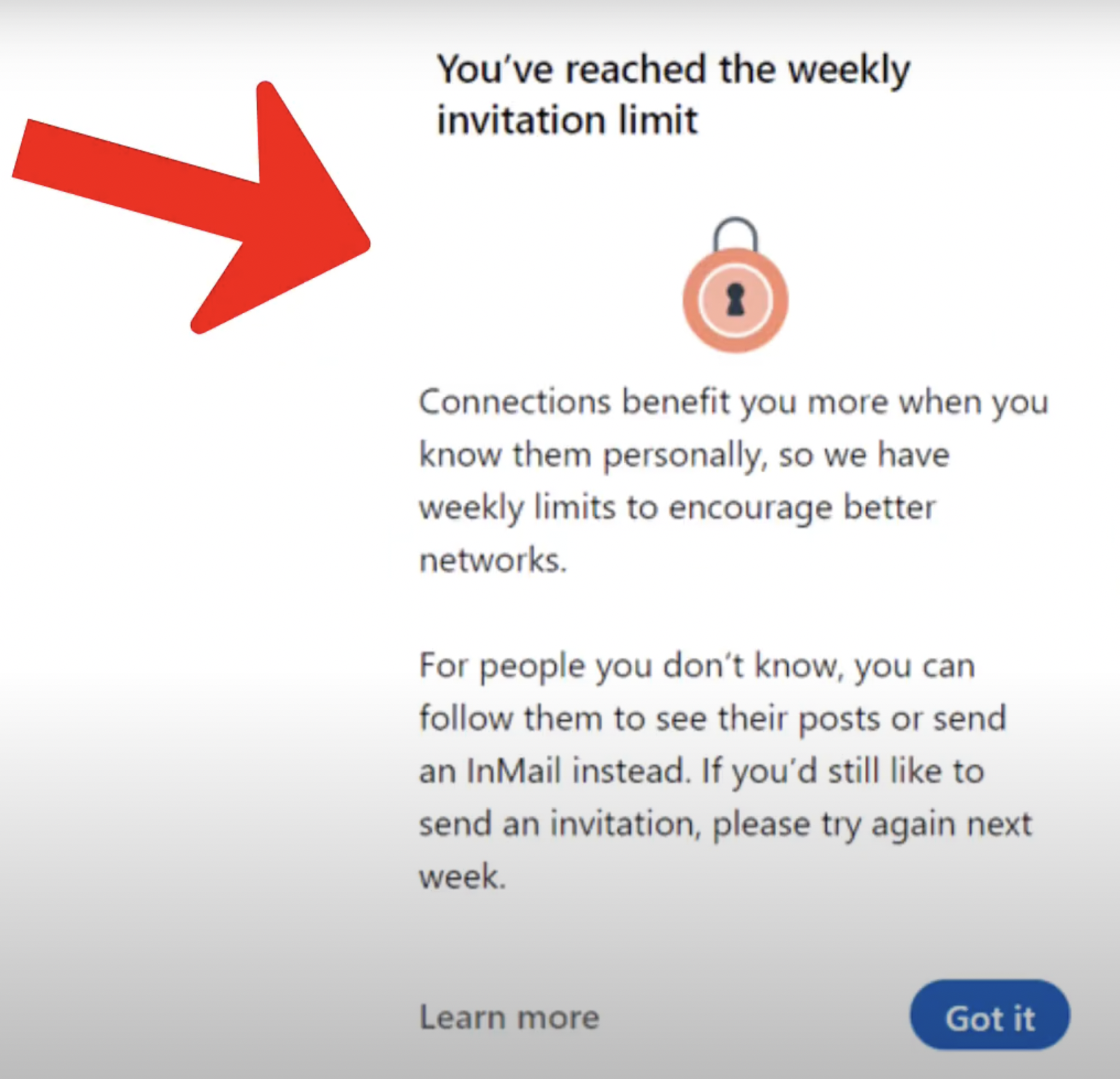 LinkedIn invite limit warning message