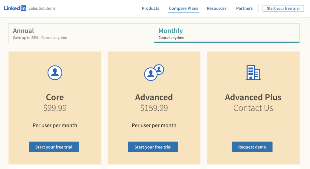 LinkedIn sales navigator packages / pricing
