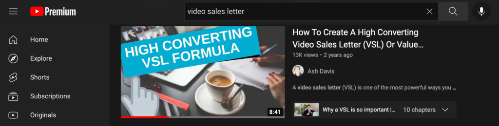 Example of my VSL YouTube video found on YouTube search