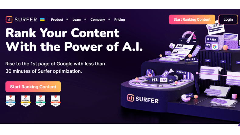 Homepage of SurferSEO