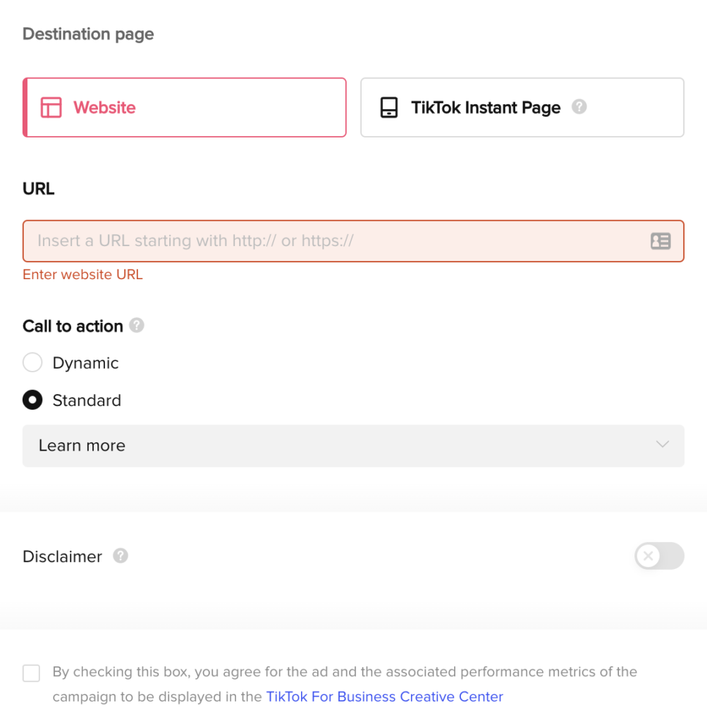 Website URL for tiktok ads