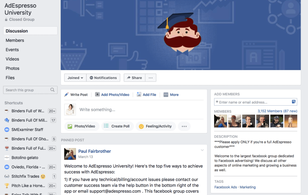 Example of a Facebook group for AdEspresso business