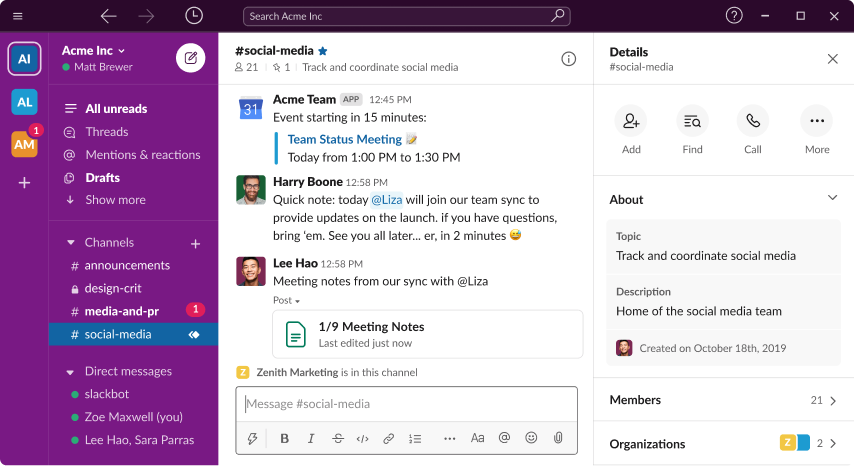 Example of a business using Slack to communicate